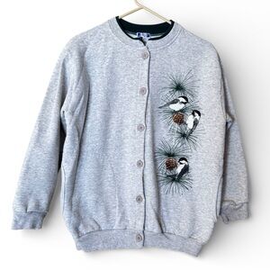Vintage cardigan sweatshirt with chickadee bird design by Art Unlimited